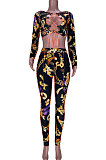 Purple Women Fashion Casual Bandage Sexy Hollow Out Line Dew Waist Pants Sets MDF5267-1