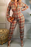 Grey Fashion Checked Long Sleeve Lapel Neck Collect Waist Jumpsuits HXY88081-2