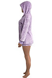 Purple Women Pure Color Double Velvet Hoodie Coat Shorts Sets NK267 -2