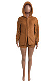 Black Women Pure Color Double Velvet Hoodie Coat Shorts Sets NK267 -3