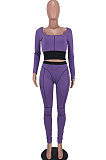 Purple Euramerican Women Dew Waist Casual Spliced Ribber Pants Sets ED8545-2