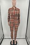 Orange Fashion Checked Long Sleeve Lapel Neck Collect Waist Jumpsuits HXY88081-1