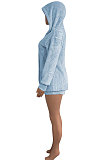 Light Blue Women Pure Color Double Velvet Hoodie Coat Shorts Sets NK267 -5