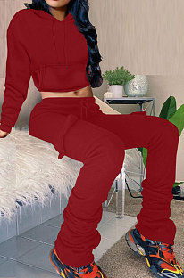 Wine Red New Simplee Velvet Thickning Long Sleeve Hoodie Ruffle Trousers Solid Color Suit ALS269-2