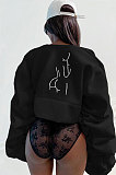 Black Sexy Printing Line Puff Sleeve Round Collar Loose Zipper Coat MDF5263-2