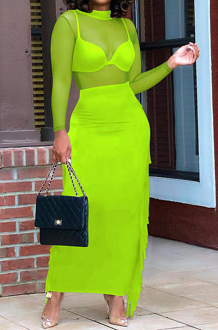 Neon Green Sexy Mesh Spaghetti Fashion Perspectivity Top Tassel Skirts Sets ED8540-3