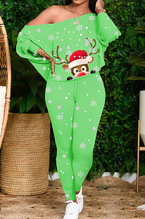Neon Green Fashion Christmas Printed Long Sleeve T-Shirts Skinny Pants The Home Suit LY054-3