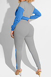 Grey And Wine Red Spliced Casual  Long Sleeve Stand Neck Doubel Zipper Head Tops Skinny Pants Suit HXY88085-5