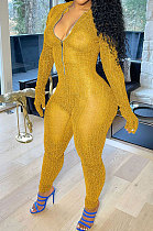 Gold Autumn Winter Mesh Long Sleeve Zip Front Slim Fitting Jumpsuits ALS266-6