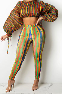 Brown Casual Digital Stripe Printing Arm Drawsting Long Sleeve Round Collar Crop Tops Pencil Pants Two-Piece Q980-1