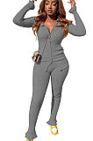 Black Women's Ribber Pure Color Single-Breasted Bodycon Pants Sets NK266-5