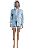 Light Blue Women Pure Color Double Velvet Hoodie Coat Shorts Sets NK267 -5