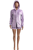Brown Women Pure Color Double Velvet Hoodie Coat Shorts Sets NK267 -4