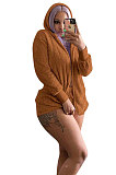 Purple Women Pure Color Double Velvet Hoodie Coat Shorts Sets NK267 -2
