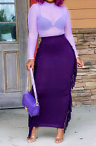 Purple Sexy Mesh Spaghetti Fashion Perspectivity Top Tassel Skirts Sets ED8540-2