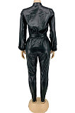 Black New Women's Leather Single-Breasted Long Sleeve With Beltband Slim Fitting Jumpsuits LY057-1