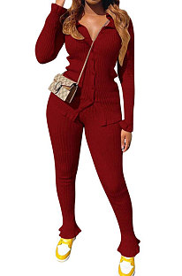 Wine Red Women's Ribber Pure Color Single-Breasted Bodycon Pants Sets NK266-1