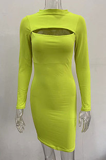 Neon Green Women's Long Sleeve Hollow Out Club Pullover Mid Waist Mini Dress YBN9042-3
