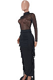 Black Sexy Mesh Spaghetti Fashion Perspectivity Top Tassel Skirts Sets ED8540-1