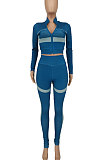 Blue Women Ribber Positioning Printing Spliced Zipper Bodycon Pants Sets YBS86741-1