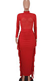 Orange Red Sexy Mesh Spaghetti Fashion Perspectivity Top Tassel Skirts Sets ED8540-4
