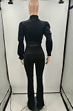 Black Wholesale Vevet High Neck Crop Tops Flare Pants Solid Color Suit HXY88088-1