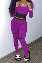 Purple Euramerican Women Dew Waist Casual Spliced Ribber Pants Sets ED8545-2