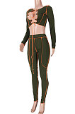 Army Green Women Fashion Casual Bandage Sexy Hollow Out Line Dew Waist Pants Sets MDF5267-3