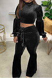 Green Wholesale Vevet High Neck Crop Tops Flare Pants Solid Color Suit HXY88088-4