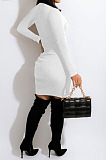 White Modest Sexy Inclined Zipper Ribber Long Sleeve Slim Fitting Slit Dress LY055-2