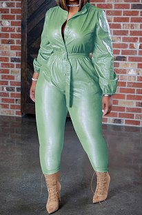 Mint Green New Women's Leather Single-Breasted Long Sleeve With Beltband Slim Fitting Jumpsuits LY057-3