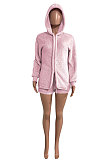 Pink Women Pure Color Double Velvet Hoodie Coat Shorts Sets NK267 -1