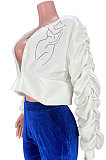 White Sexy Printing Line Puff Sleeve Round Collar Loose Zipper Coat MDF5263-1