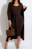 Dark Coffee Fashion Lace-Up Tank Dress+Cardigan Coat Solid Color Suit QZ3328-1