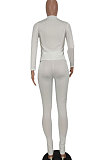 White Ribber Solid Color Casual Long Sleeve Long Pants Sets AGY68535-1