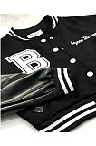 Black Autumn Winter Fashion Leather Spliced Button Baseball Uniform Coat D8468-2