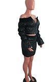 Black Fashion Luxe A Wrod Shouldet Puff Sleeve Zipper Tops Mini Skirts Sets QZ7008-2