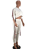 White Wholesale Women's Webbing Spliced Half Sleeve T-Shirts Trousers Hole Suit SYY8071