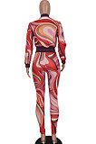 Red Women Long Sleeve Zipper Bodycon Printing Pants Sets AGY68530-1
