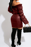 Wine Red Fashion Luxe A Wrod Shouldet Puff Sleeve Zipper Tops Mini Skirts Sets QZ7008-1