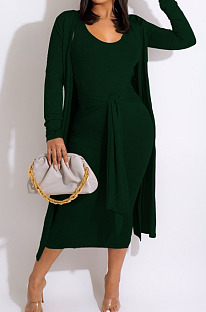 Dark Green Fashion Lace-Up Tank Dress+Cardigan Coat Solid Color Suit QZ3328-4