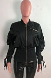 Black Wholesale New Drawstring Long Sleeve Zipper Tunics Jacket QZ7007-1