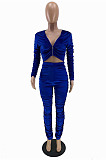 Khaki Wholesale Women's Ruffle Velvet Long Sleeve V Neck Crop Tops Trousers Suit QC8050-3