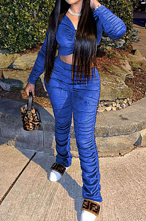 Blue Wholesale Women's Ruffle Velvet Long Sleeve V Neck Crop Tops Trousers Suit QC8050-1
