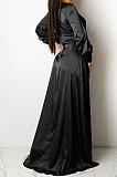 Black Trendy Sexy Pure Color Women Deep V Collar Bandage Long Sleeve Split Long Dress XZ5373-2