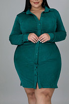 Dark Green Euramerican Fat Women's Long Sleeve Lapel Neck Single-Breasted Shirt Dress QZ7005-2