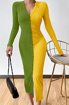 Green Cotton Blend Sexy V Collar High Waist Color Matching Buttons Long Dress CSM21475-2