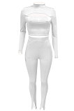 White  Women's Long Sleeve Stand Collar Hollow Out Sexy Split Pants Sets Q983-1