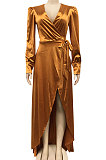 Brown Trendy Sexy Pure Color Women Deep V Collar Bandage Long Sleeve Split Long Dress XZ5373-3