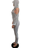 Grey Autumn V Neck Off Shoulder Zipper Splied Pure Color Slim Fitting Jumpsuits AFY754-1